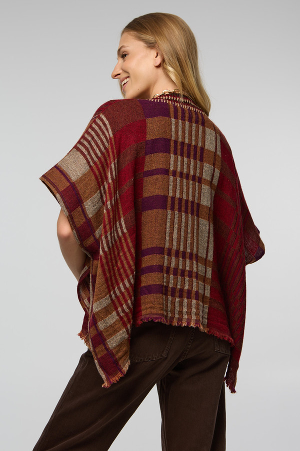 Saachi Crochet Trim Plaid Knit Poncho