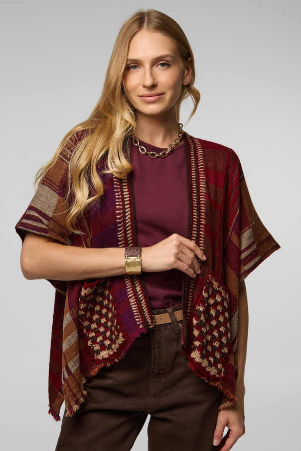 Saachi Crochet Trim Plaid Knit Poncho
