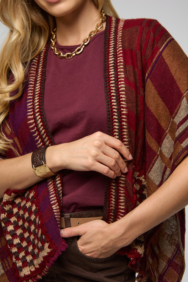 Saachi Crochet Trim Plaid Knit Poncho