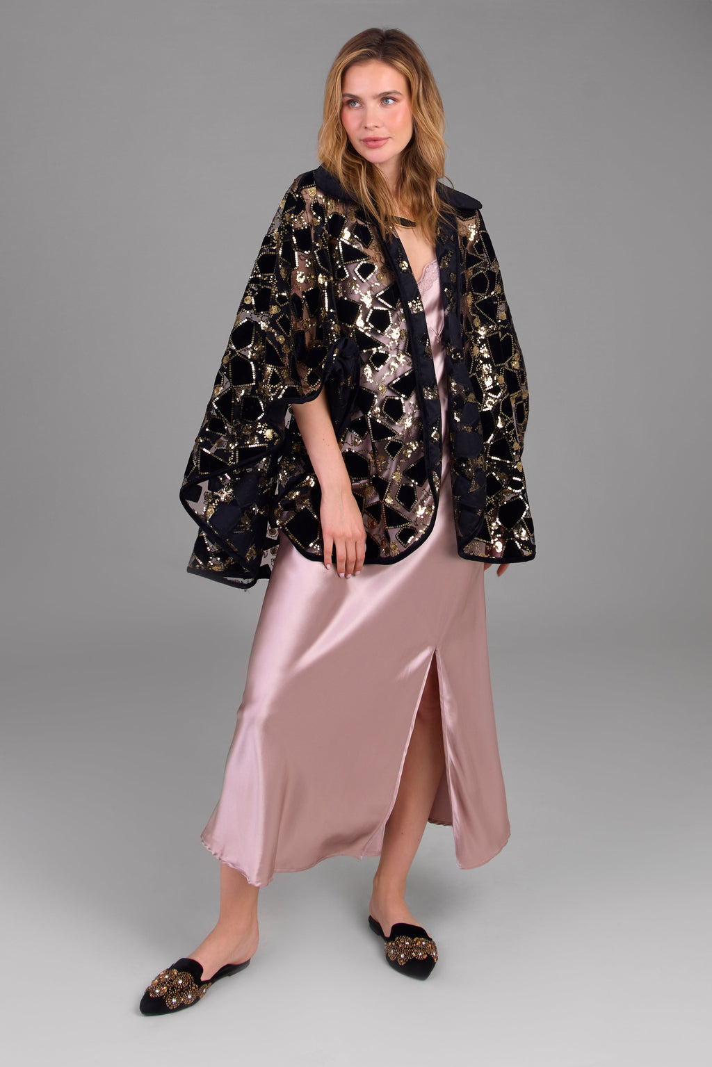 Saachi Velvet Sequin Collared Capelet