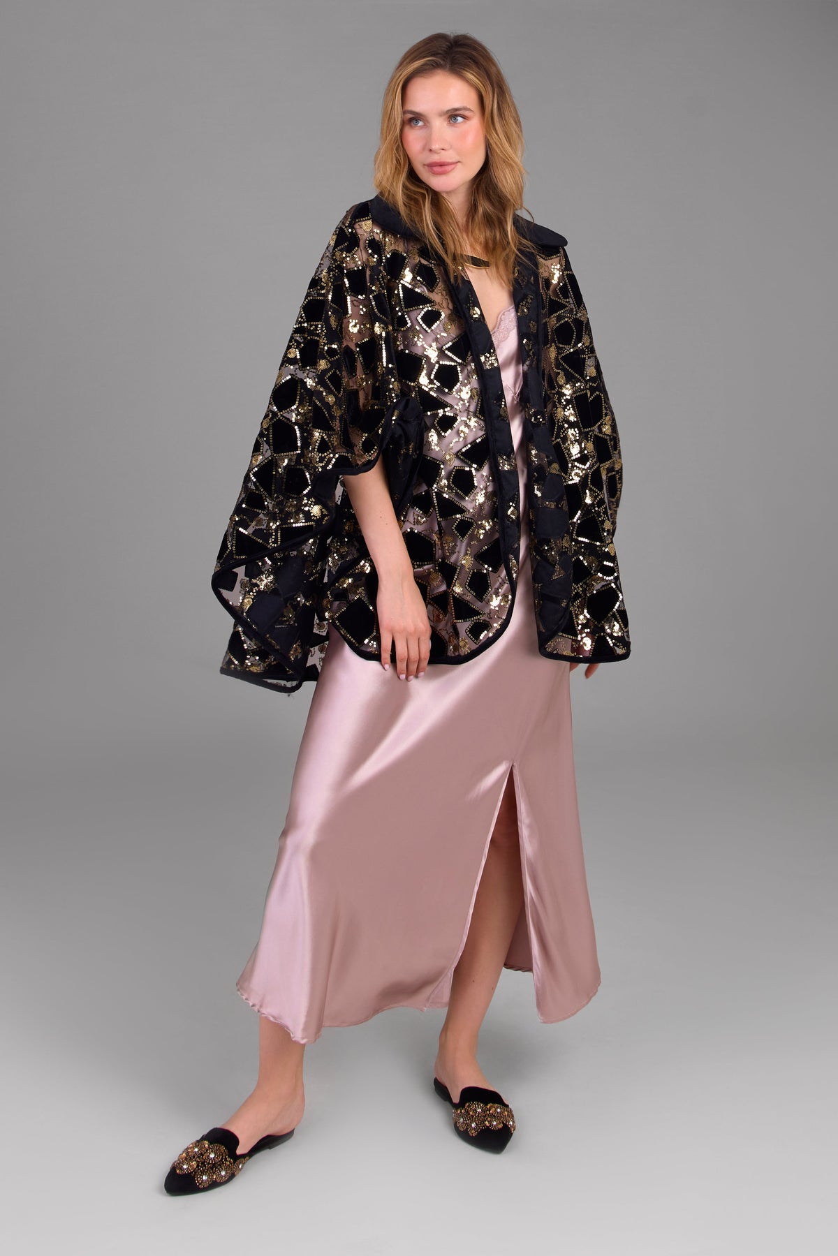 Saachi Velvet Sequin Collared Capelet