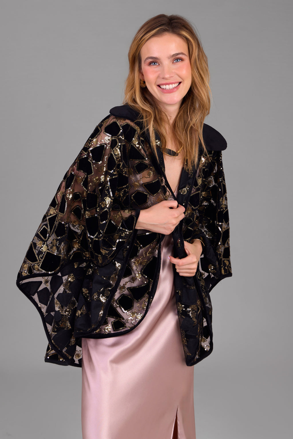 Saachi Velvet Sequin Collared Capelet