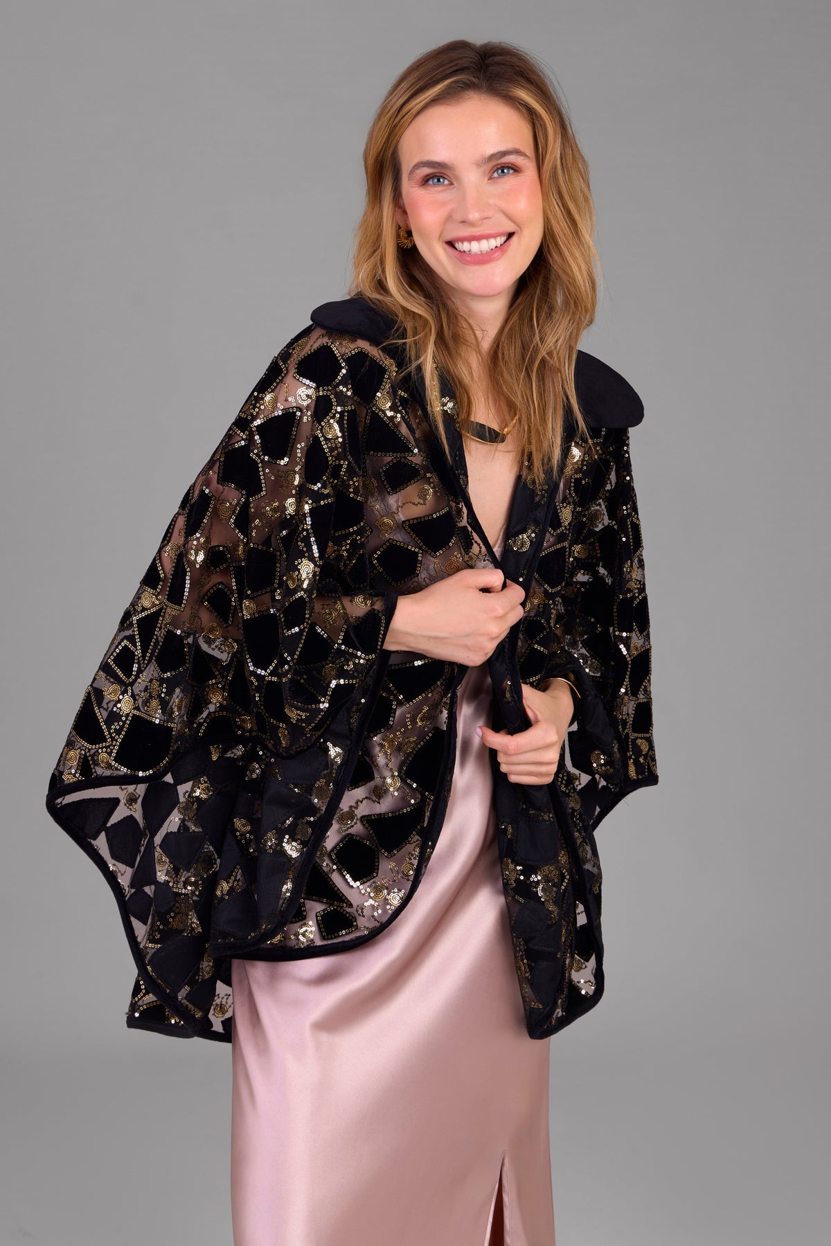 Saachi Velvet Sequin Collared Capelet