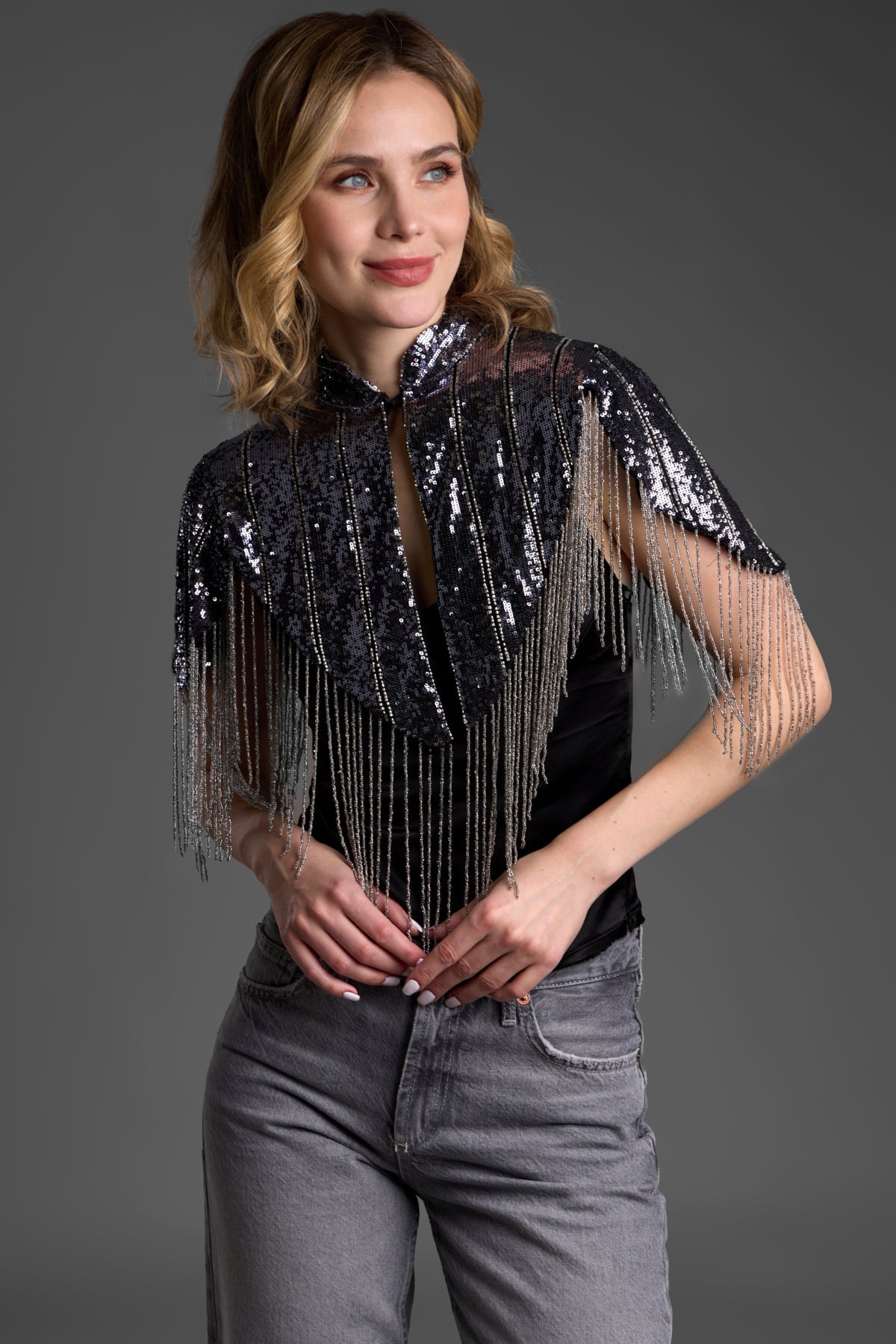 Saachi Beaded Fringe Sequin Capelet