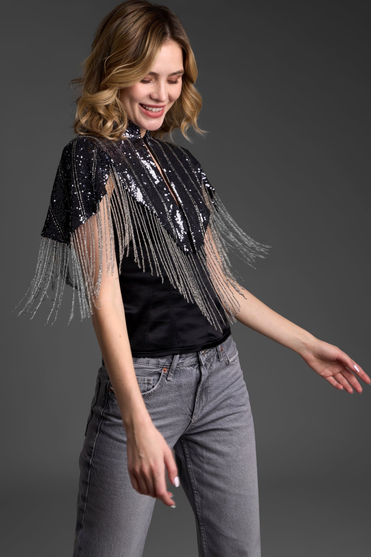Saachi Beaded Fringe Sequin Capelet
