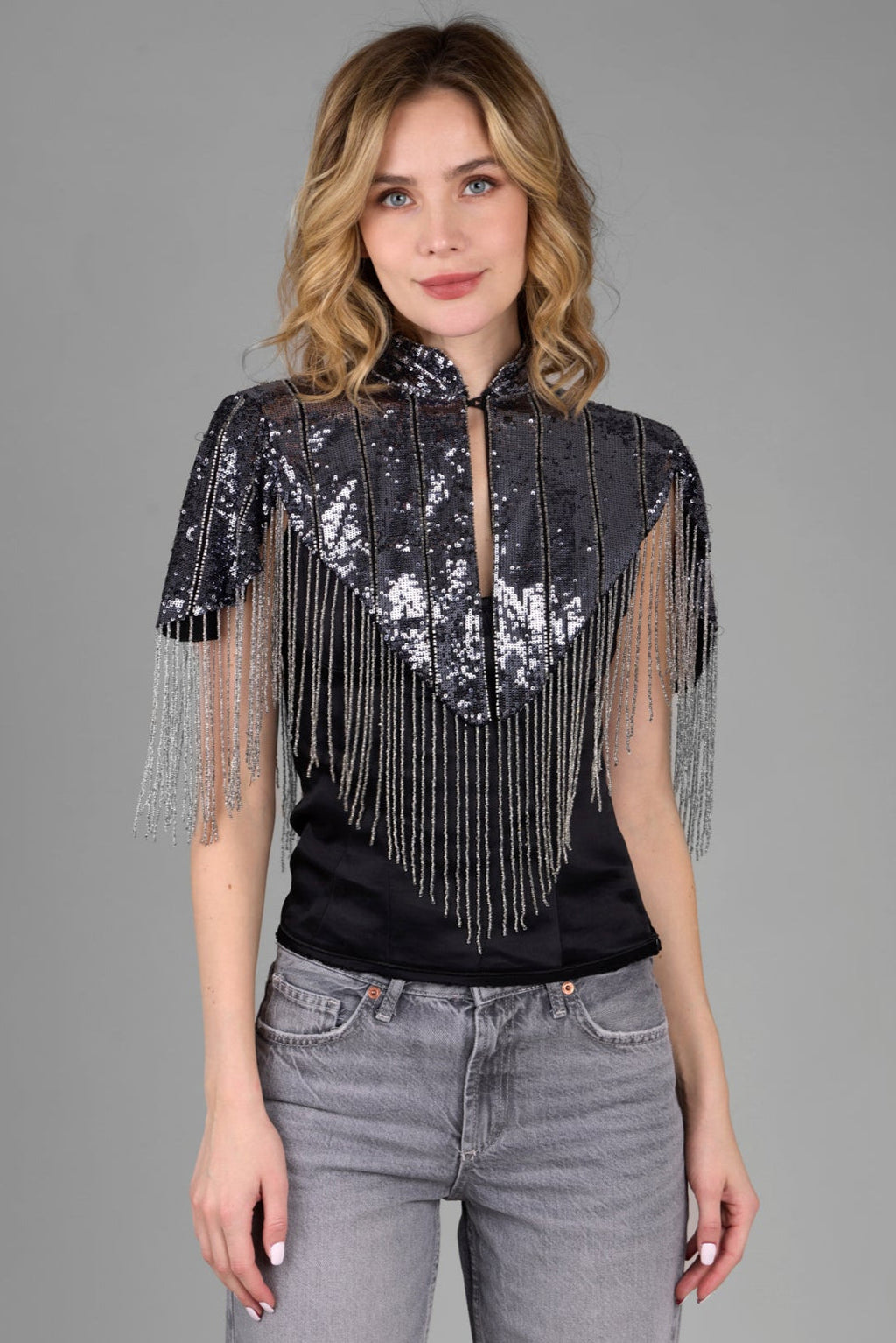 Saachi Beaded Fringe Sequin Capelet