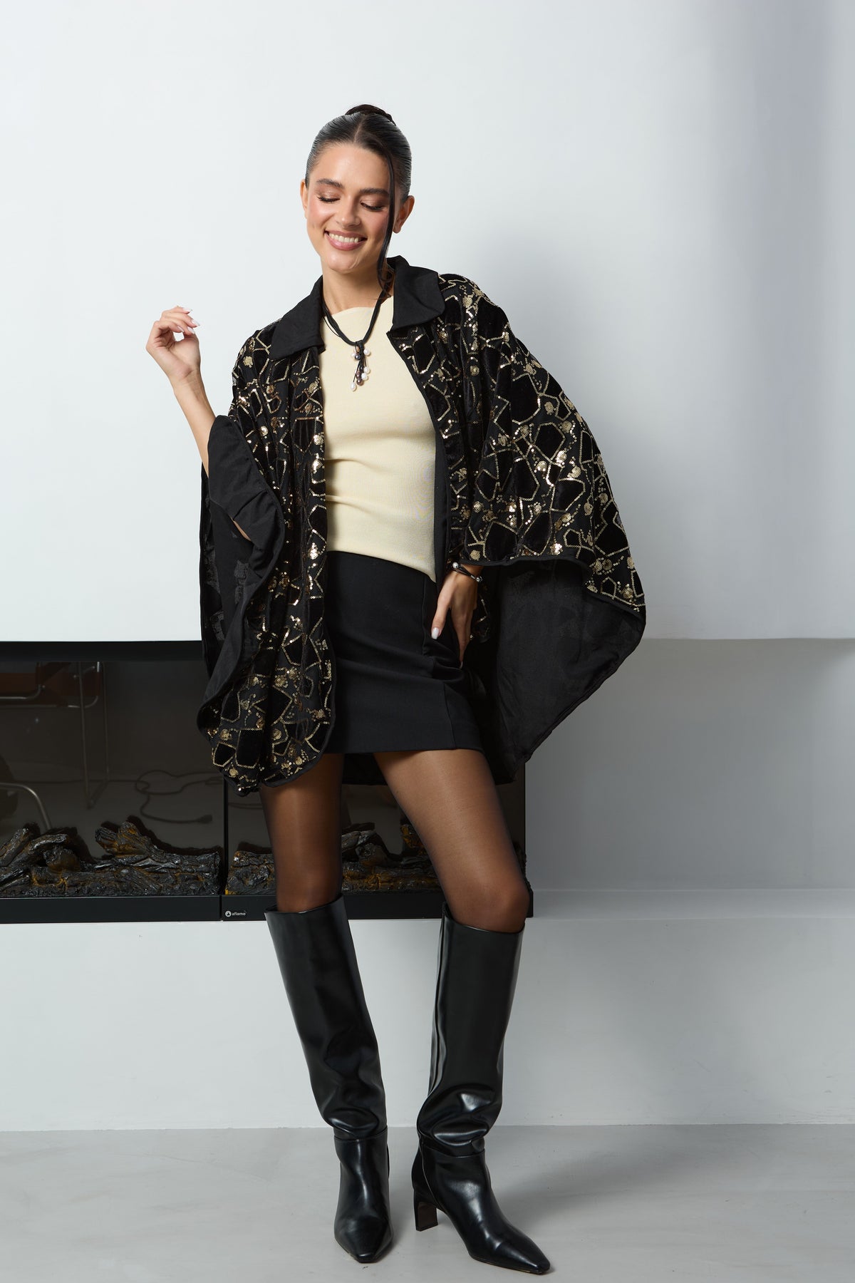 Saachi Velvet Sequin Collared Capelet