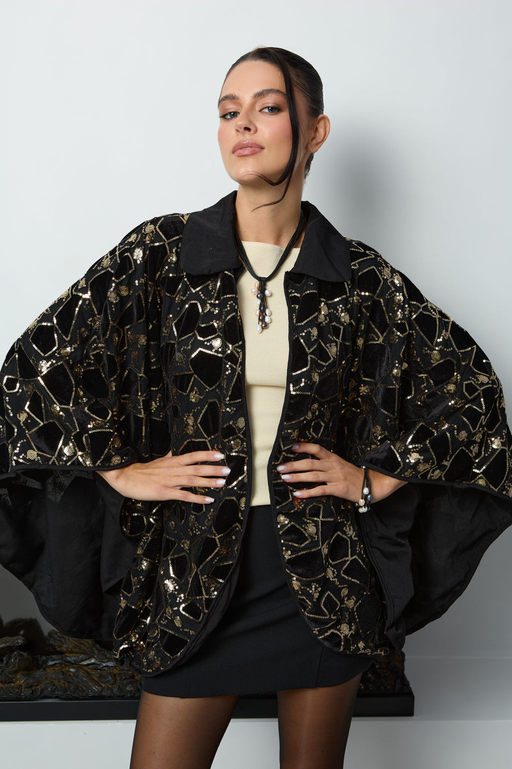 Saachi Velvet Sequin Collared Capelet