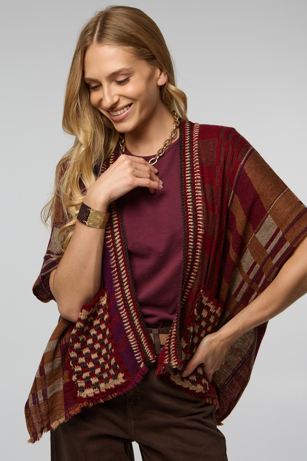 Saachi Crochet Trim Plaid Knit Poncho