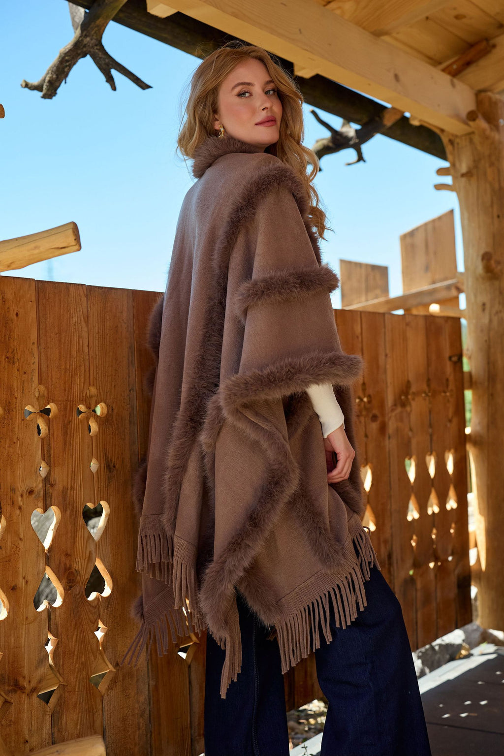 Saachi Faux Fur Fringe Poncho Cape