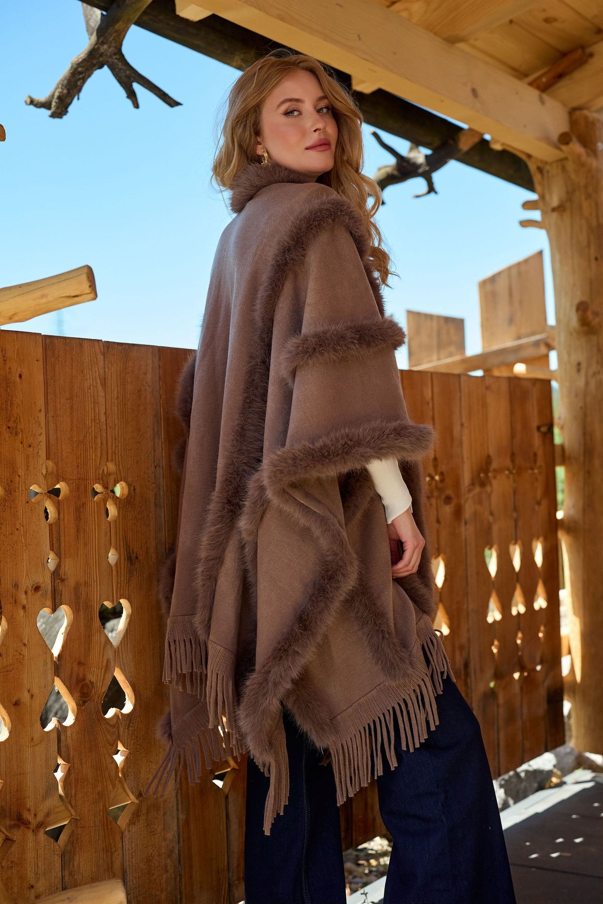 Saachi Faux Fur Fringe Poncho Cape